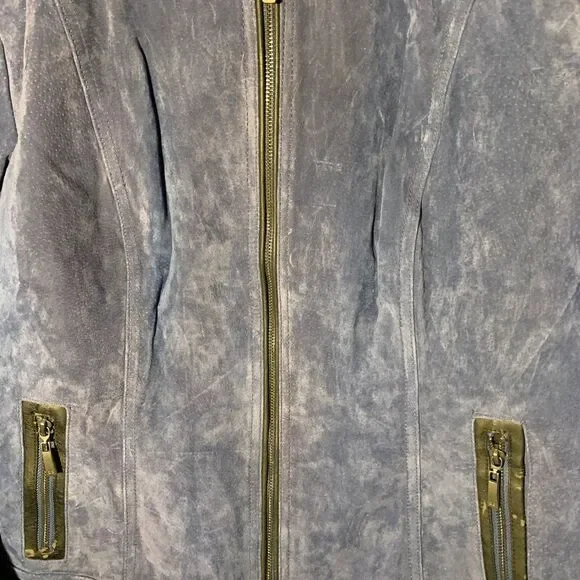 Dennis Basso leather suede blue bomber jacket - Picture 2 of 12